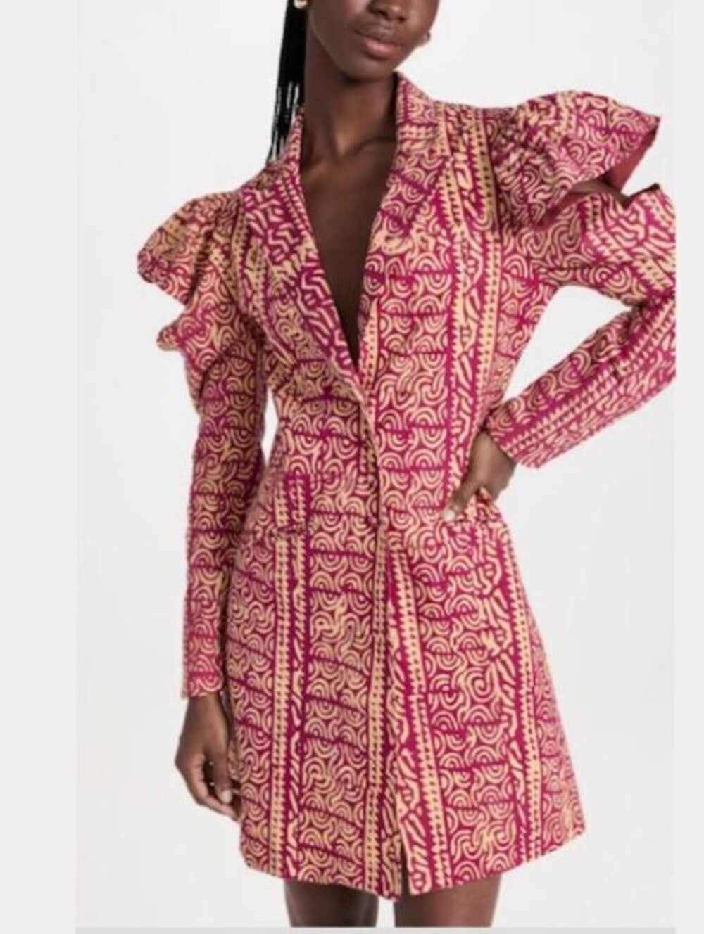 Kahindo Pink & Cream Patterned Mini Dress with Ruffle Shoulders